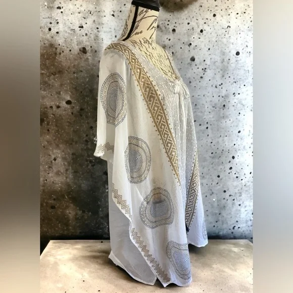NWT Eya Collection White Tunic Gauzy Coverup, Gold & Blue Mediterranean Print - Picture 6 of 13